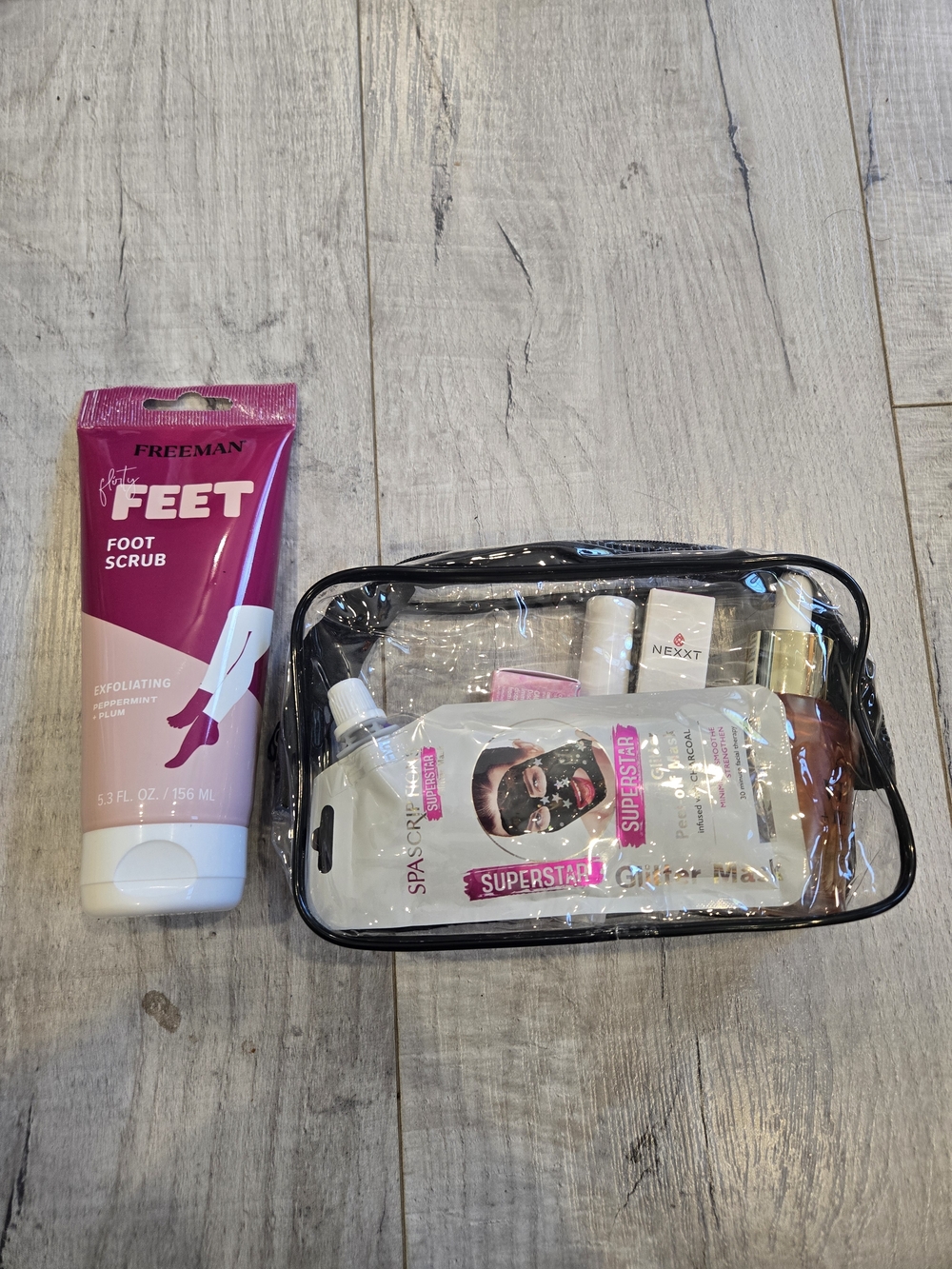 Cosmetics Bundle With Foot Scrub & Clear Travel Cosmetic Bag Set